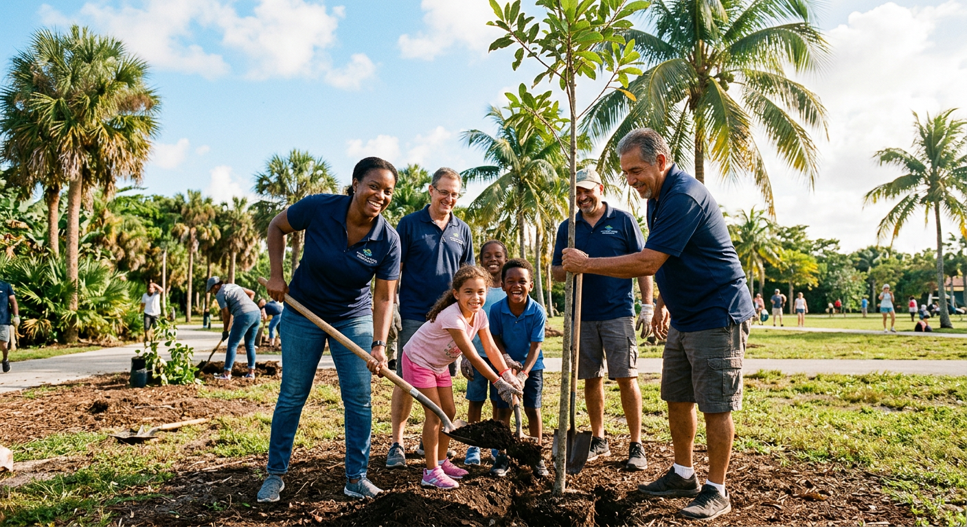 Kiwanis volunteers planting a tree with local children in a Tamarac park