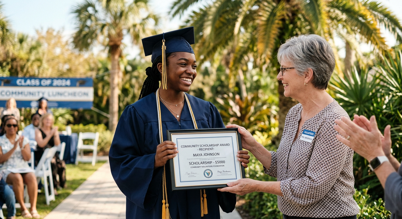 A graduate receiving a scholarship certificate