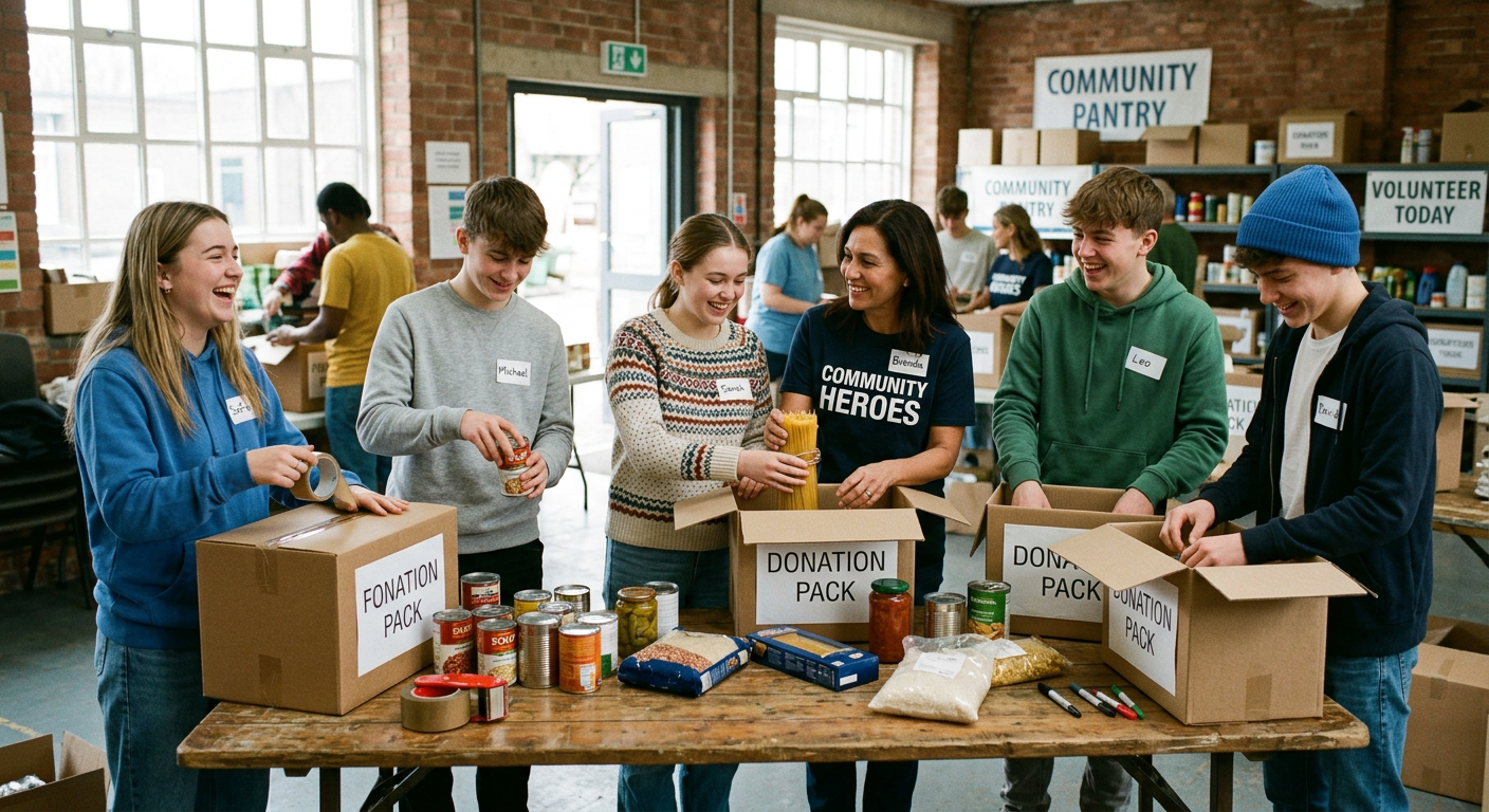 Students and mentors packing food donation boxes